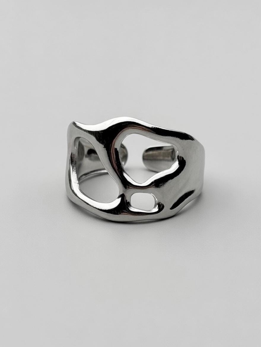 Bague Acier Inoxydable Irrégulière Abstraite – Forme Organique Fluide Mod