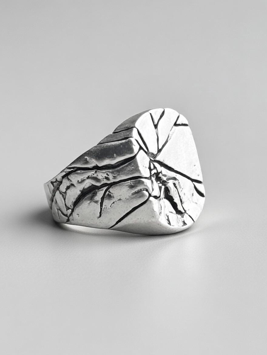 Bague Argent 925 Massive Craquelée Shattered – Bijou Statement Brut Tex