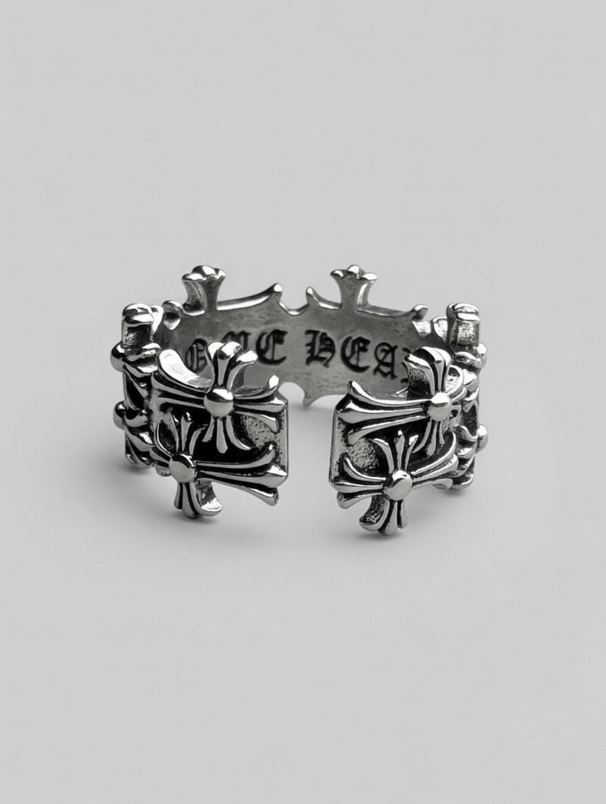 Bague gothique en croix sculptées en argent 925 sterling – Design brute, Dark Grunge, ajustable & unisexe
