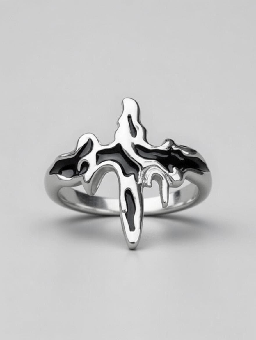 Bague Acier Inoxydable Sculpturale Dripping Noir & Argent – Design Abstr