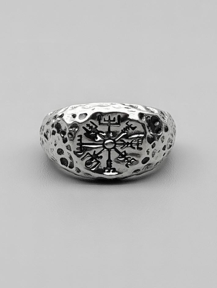 Bague Argent 925 Massive Martelée Gravée Ægishjálmr – Bijou Viking Casque de Terreu