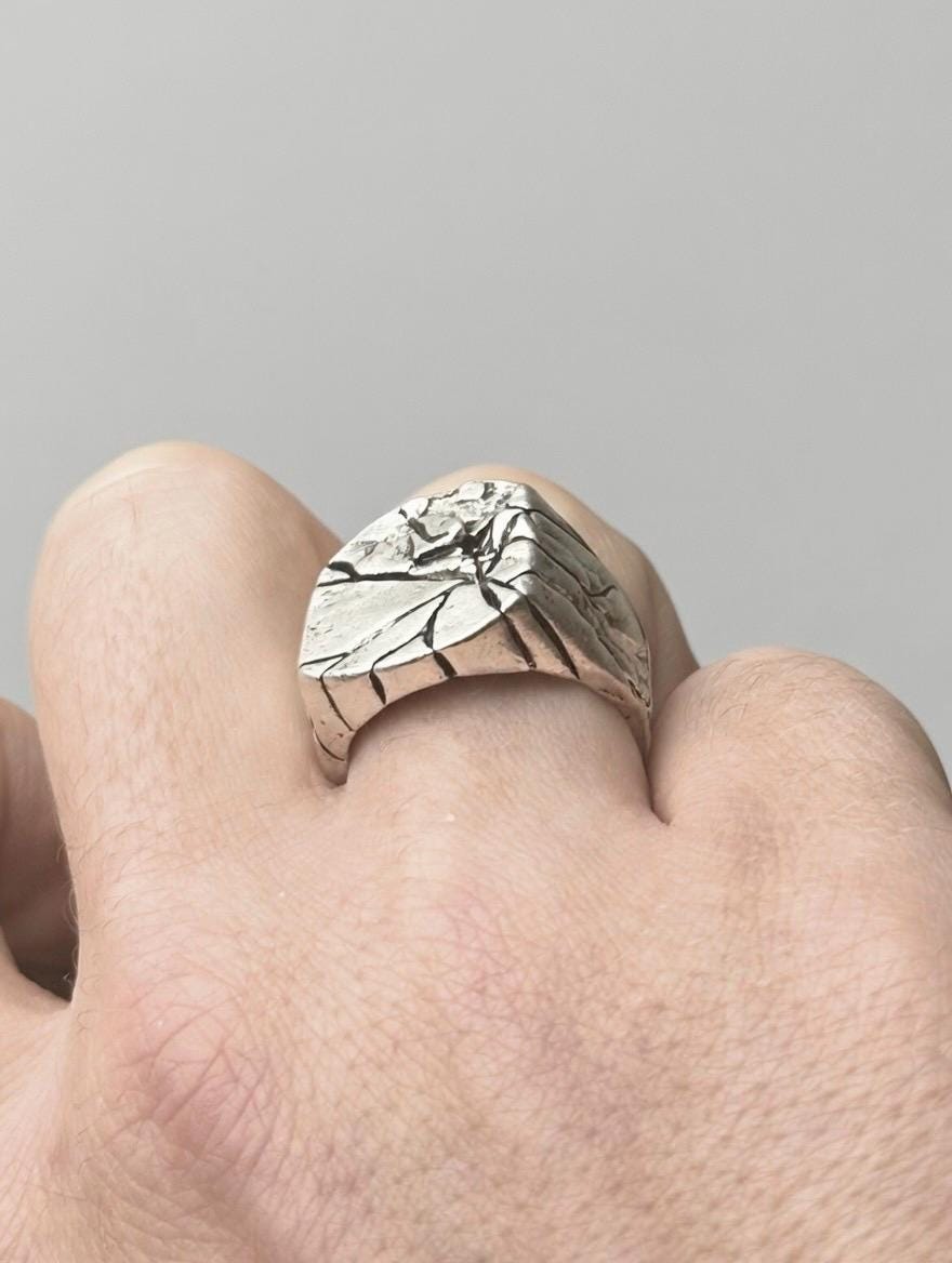 Bague Argent 925 Massive Craquelée Shattered – Bijou Statement Brut Tex