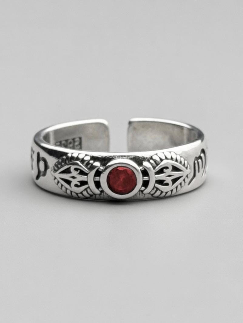Bague gothique en argent massif 925 – Poinçon gravé  Pierre rouge Ajustable & Unisexe