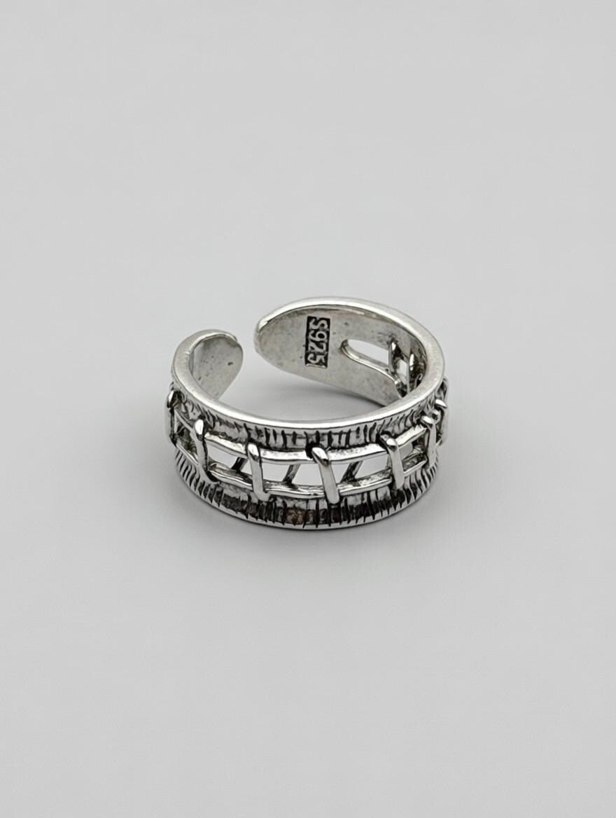 Bague Argent 925 Ajustable Motif Cousu Tressé