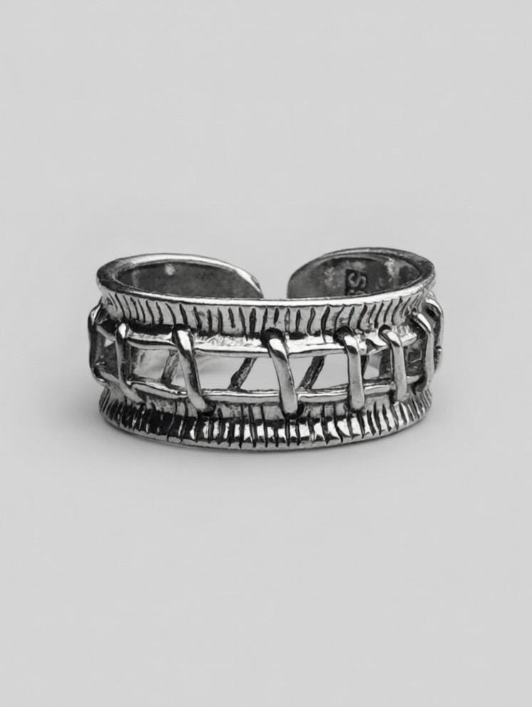 Bague Argent 925 Ajustable Motif Cousu Tressé