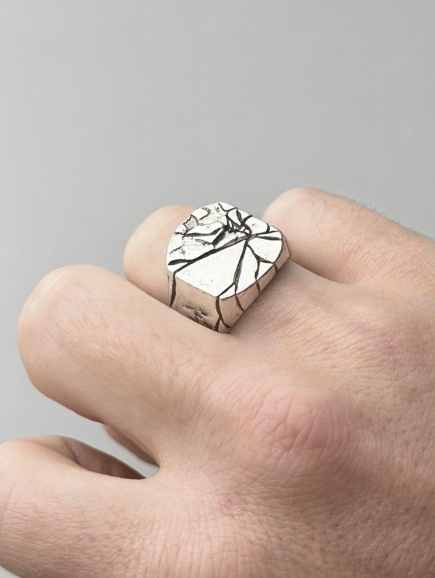 Bague Argent 925 Massive Craquelée Shattered – Bijou Statement Brut Tex