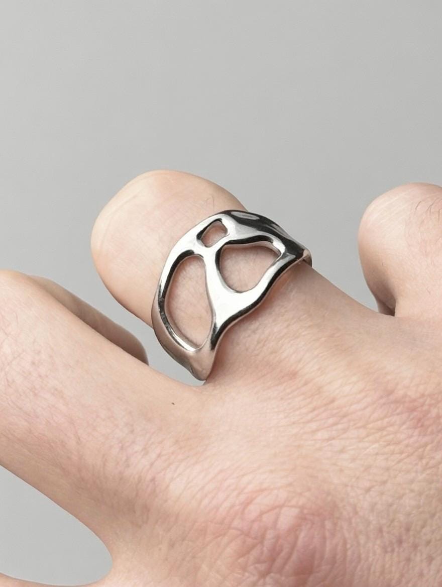 Bague Acier Inoxydable Irrégulière Abstraite – Forme Organique Fluide Mod