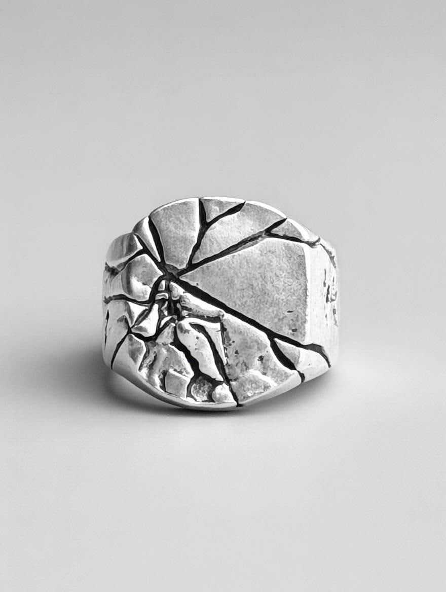 Bague Argent 925 Massive Craquelée Shattered – Bijou Statement Brut Tex